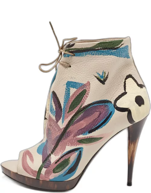 Burberry Grey Leather Flower Prints Ankle Boot