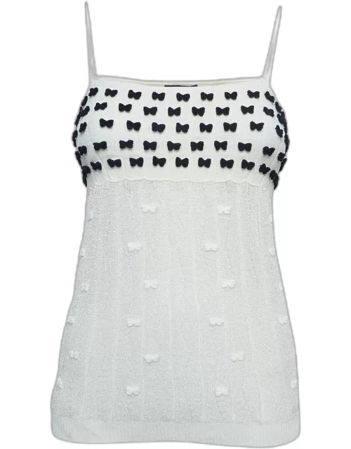 Chanel White Perforated Knit Bow Appliqued Sleeveless Top