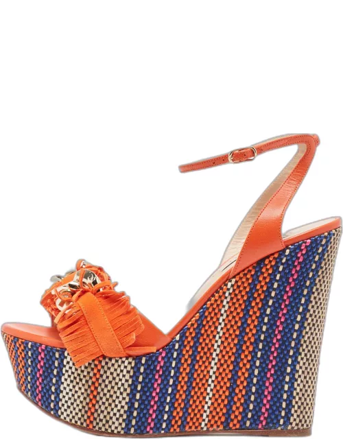 Casadei Orange Leather and Suede Chain Detail Ankle Strap Sandal