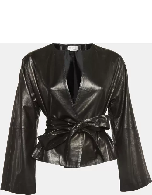Max Mara Black Leather Front Open Belted Leather Jacket