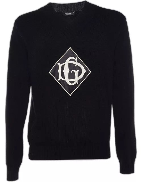 Dolce & Gabbana Black Wool DG Appliqued V-Neck Sweater