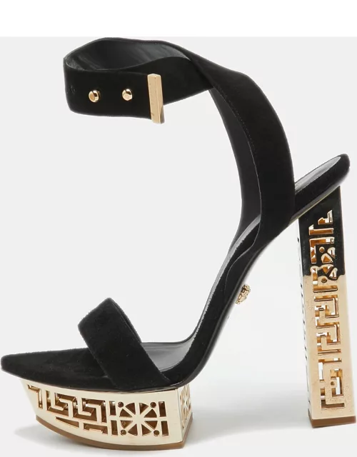 Versace Black Suede Greek Key Platform Sandal
