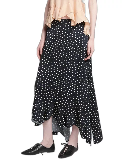 Polka Dot-Print Tiered Asymmetric Maxi Skirt