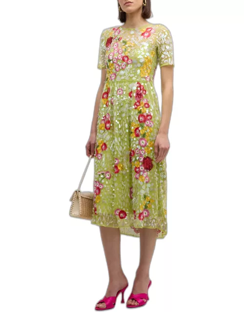Faith Floral-Embroidered Sequin Midi Dres
