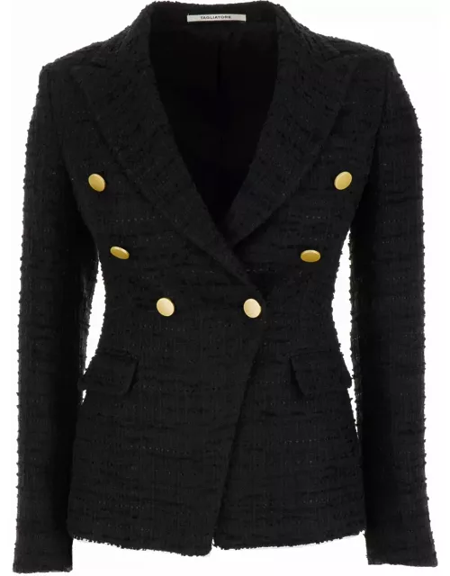 Tagliatore Black Tweed Double-breasted Blazer In Cotton Blend Woman