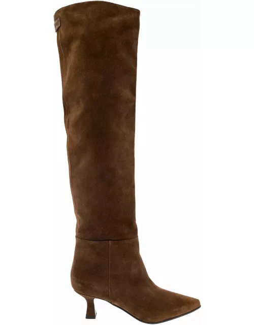 3JUIN bea Brown Pointed High-boots With Logo Patch In Suede Woman