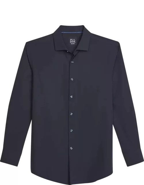 JoS. A. Bank Men's Traveler Performance Tailored Fit 4 Way Stretch Long Sleeve Casual Shirt, Dark Navy, Mediu