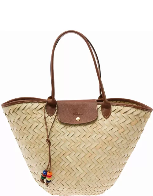 Longchamp xl Le Panier Beige Tote Bag With Beads Strap In Straw Woman