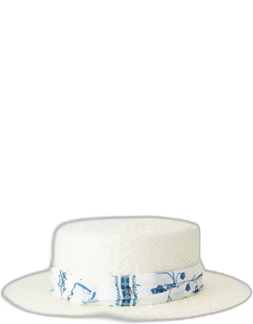 Kiki Straw Boater Hat With Printed Scarf
