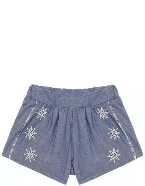 Blue cotton shorts with embroidery