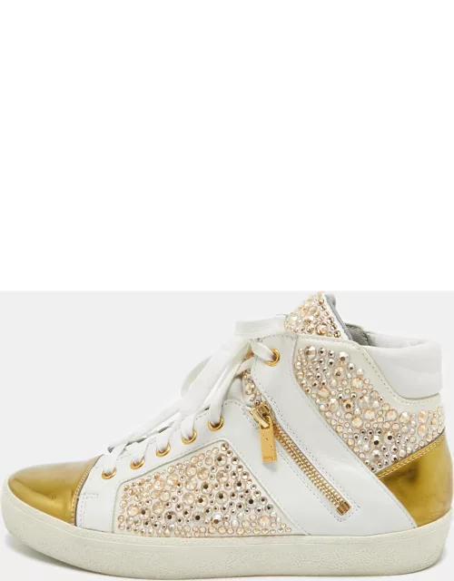 Gina White/Gold Leather Strass Embellished High Top Sneaker