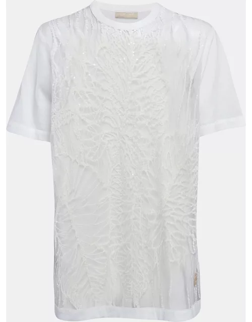 Elie Saab White Embroidered Tulle and Cotton Knit Sheer T-Shirt