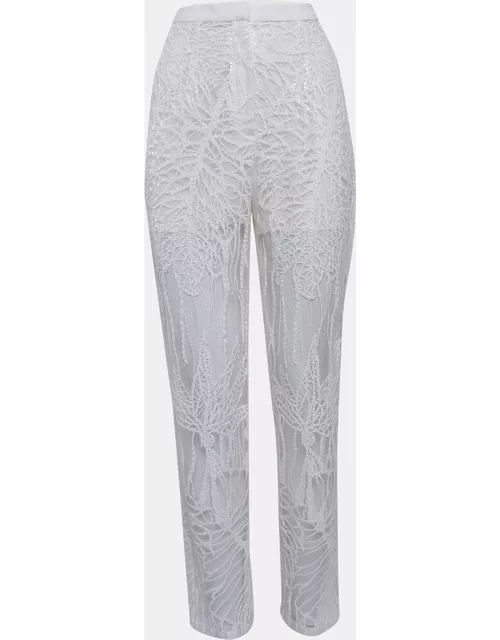 Elie Saab White Sequin Embroidered Tulle Straight Fit Trousers