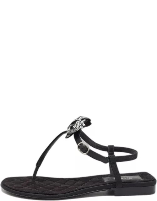 Chanel Black Canvas Embellished Bow Slingback Flat Sandal