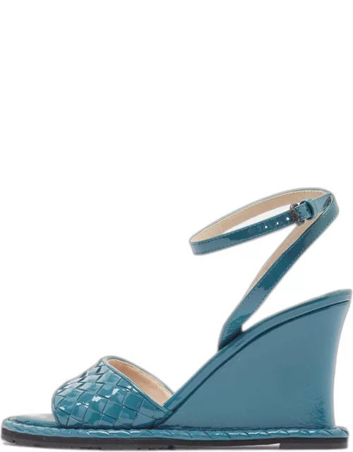 Bottega Veneta Blue Intrecciato Patent Leather Wedge Ankle Strap Sandal