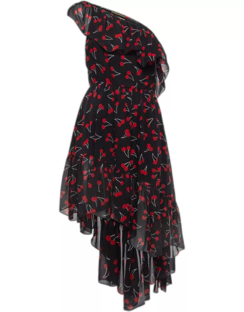 Saint Laurent Black Cherry Print Silk One-Shoulder Asymmetric Midi Dress