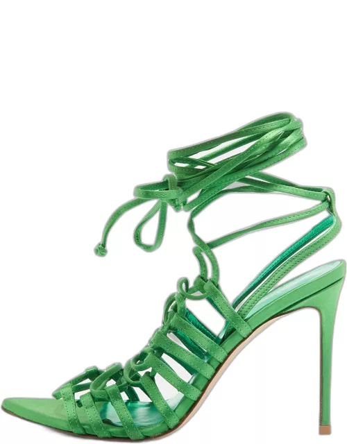 Le Silla Green Satin Lace Up Ankle Wrap Sandal