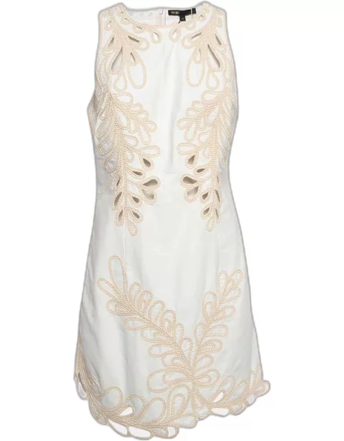 Maje White/Beige Embroidered Cotton Mini Dress