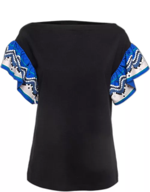 Emilio Pucci Black Cotton and Print Silk Sleeve Boat Neck T-Shirt