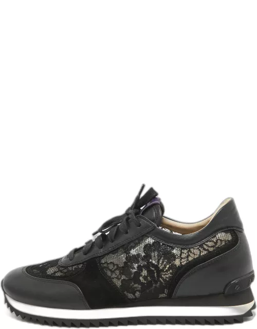 Le Silla Black Leather and Lace Low Up Sneaker