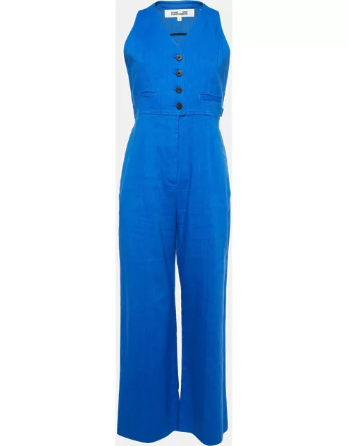 Diane Von Furstenberg Blue Linen Blend Sleeveless V-Neck Jumpsuit