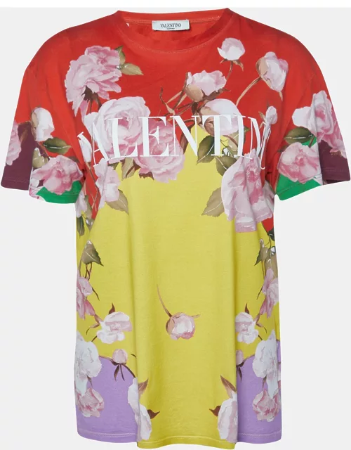 Valentino Yellow/Red Flying Flowers Print Cotton Crew Neck T-Shirt