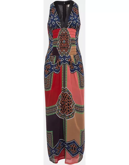 Etro Multicolor Print Silk Shirred Detail Sleeveless Maxi Dress