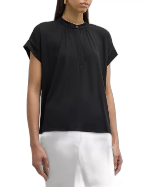 Band-Collar Ruched Jersey Henley Top
