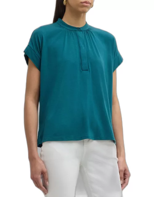 Band-Collar Ruched Jersey Henley Top