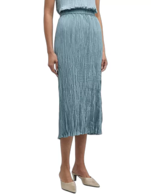 Crinkled Pleated Straight Midi Skirt