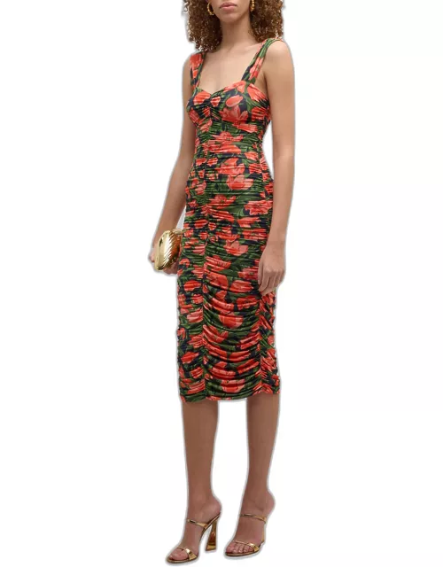 Floral-Print Ruched Midi Dres