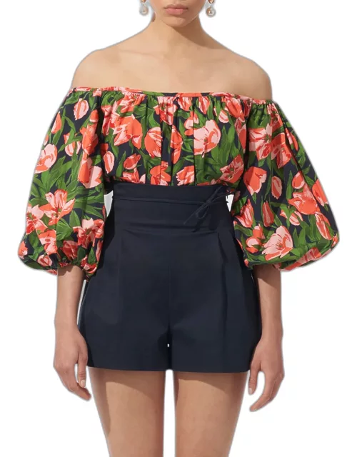Floral-Print Off-The-Shoulder Puff-Sleeve Top