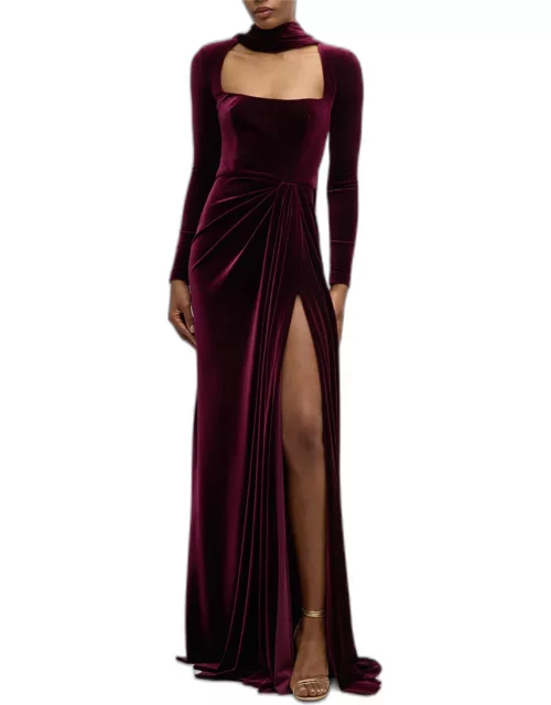 Square-Neck Long-Sleeve Velvet Scarf Gown