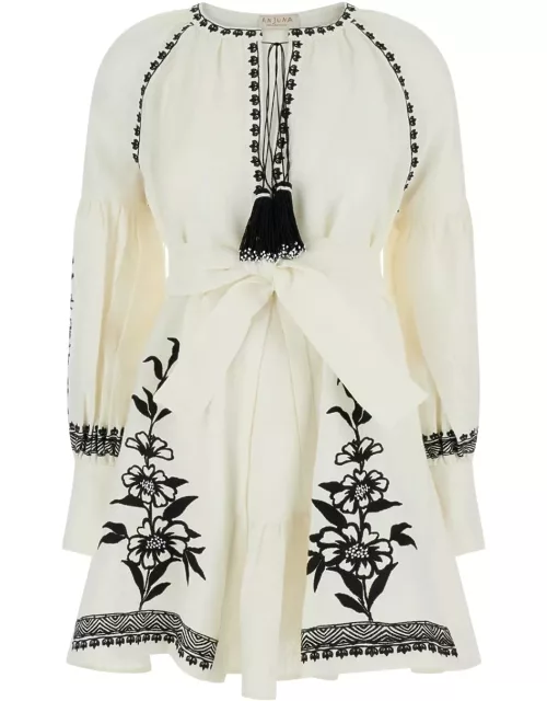 Anjuna White Mini Dress With Floreal Embroidery And Tassels In Linen Woman