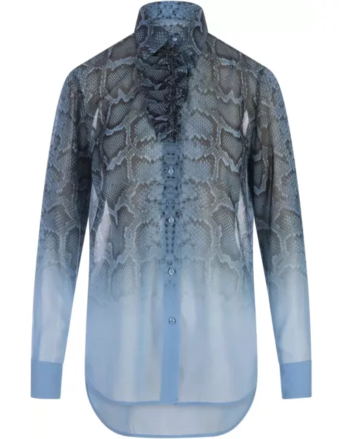 Ermanno Scervino Blue Shirt With Ruffles And Degradé Python Print
