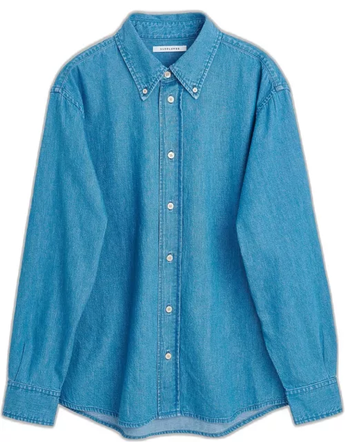 Sunflower #1189 Mid blue chambray denim shirt with long sleeves - Denim Button Down Shirt