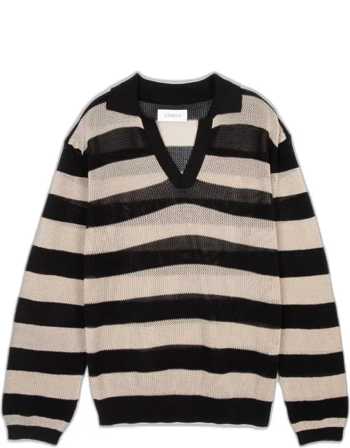 Laneus Mesh Polo Shirt Long Sleeves Man Beige and black striped mesh knitted polo shirt - Mesh polo shirt