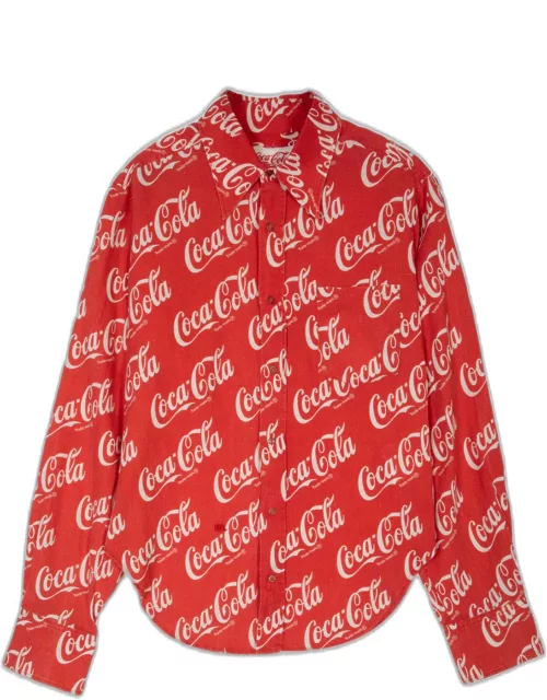 ERL Unisex Printed Button Up Shirt Woven Red linen blend Coca Cola shirt - Unisex Printed Button Up Shirt Woven