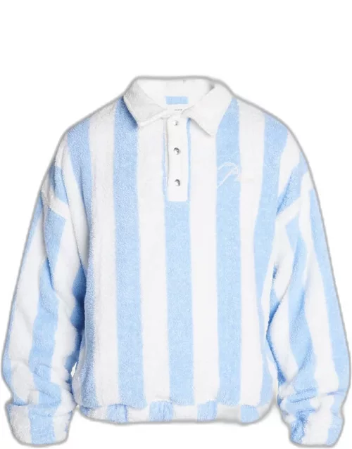 Men's Striped Cotton Towel Terry Long-Sleeve Polo Shirt