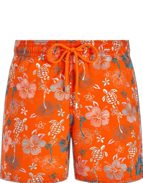 Men Swim Trunks Embroidered Tropical Turtles - Limited Edition - Swimming Trunk - Mistral - Orange