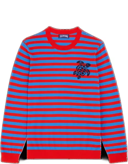 Men Crewneck Striped Cotton Sweater - Pullover - Porcros - Blue