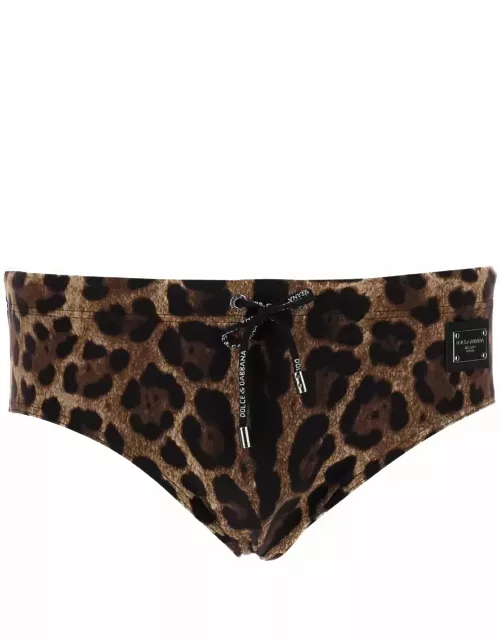 Dolce & Gabbana Brown All-over Leopard Print Swimsuit Briefs In Technical Fabric Man