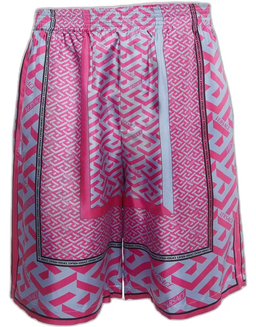 Versace Pink Panelled Print Silk La Greca Bermuda Shorts