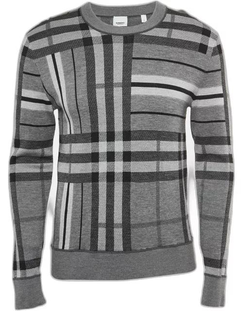 Burberry Grey Checked Wool Knit Crew Neck Sweater