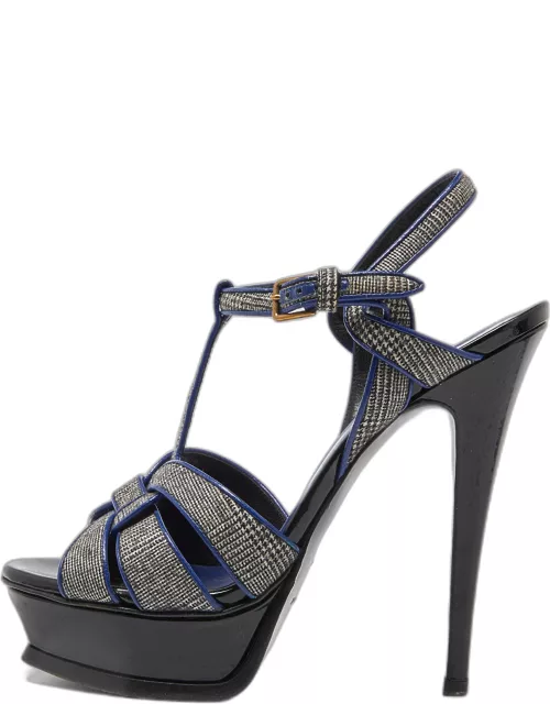 Yves Saint Laurent Grey/Blue Fabric and Leather Tribute Ankle Strap Sandal
