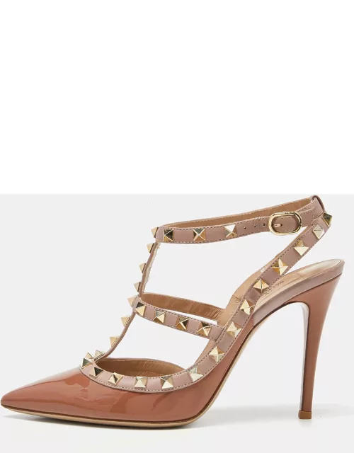 Valentino Brown/Pink Patent and Leather Rockstud Ankle Strap Sandal