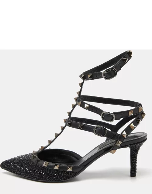 Valentino Black Leather Crystal Embellished Rockstud Ankle Strap Sandal