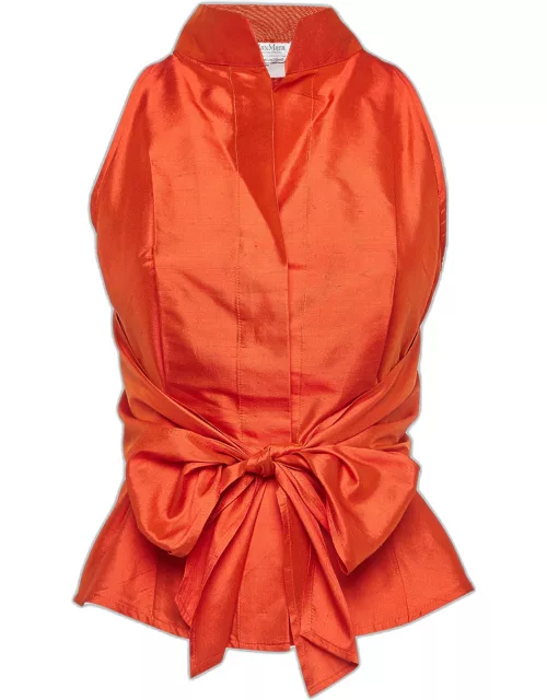 Max Mara Orange Taffeta Silk Sleeveless Draped Shirt