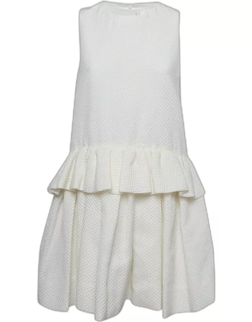 Victoria Beckham White Textured Cotton Blend Sleeveless Ruffled Mini Dress