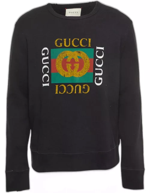 Gucci Black Vintage Logo Print Cotton Distressed Sweatshirt